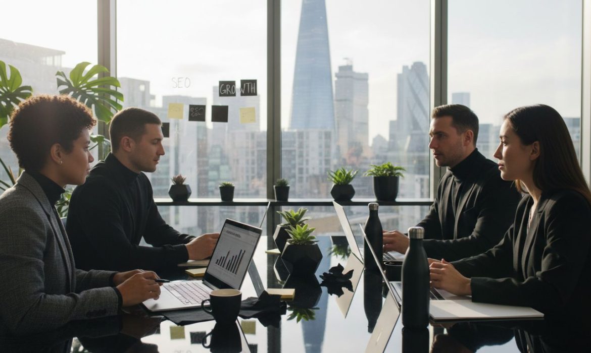 Team discusses SEO strategies in modern UK office
