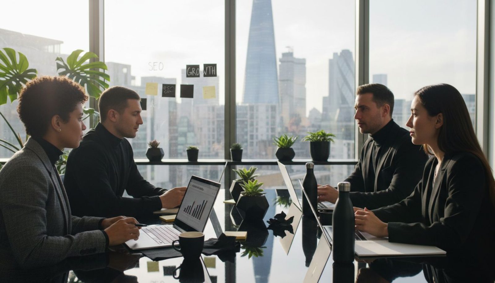 Team discusses SEO strategies in modern UK office