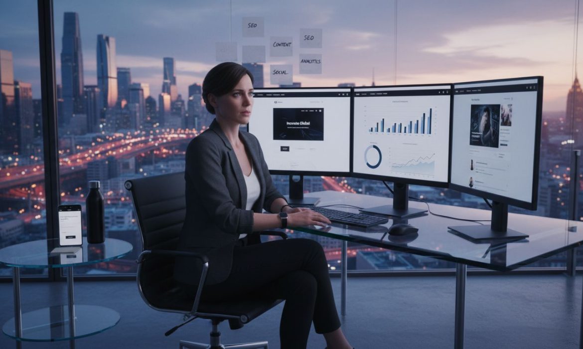 Modern workspace with digital marketing displays