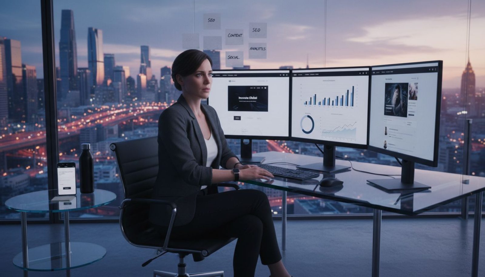 Modern workspace with digital marketing displays