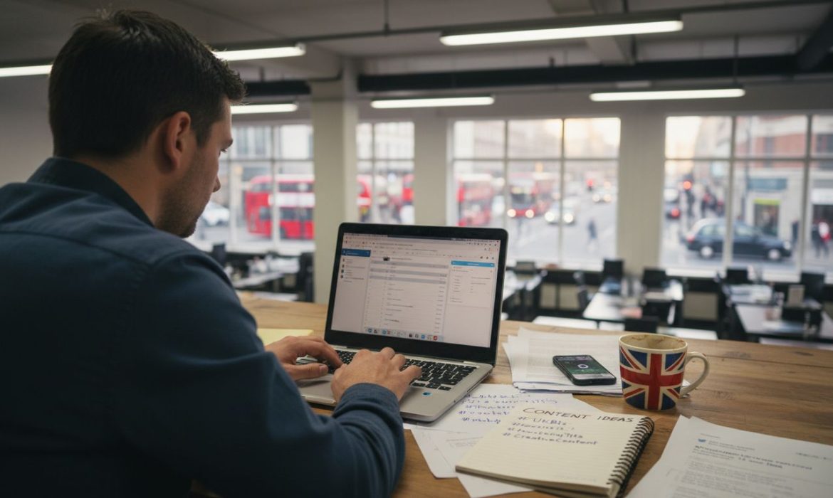 UK business owner managing social media marketing at office