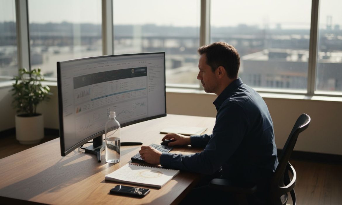 Digital marketer reviews website analytics in office