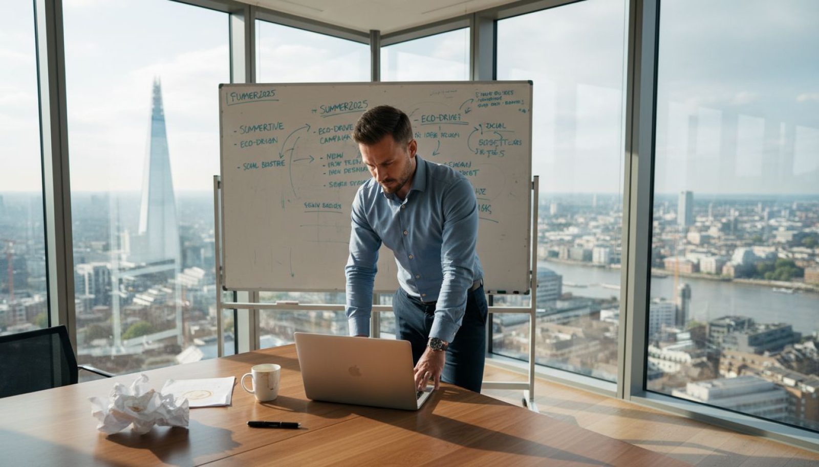 Manager reviews digital campaign in London office