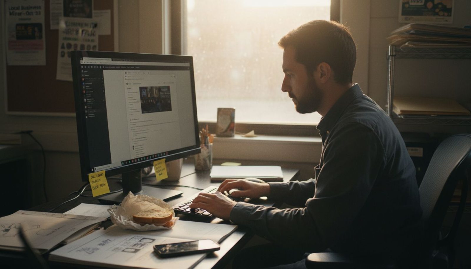 Web designer updating business website in shared UK office