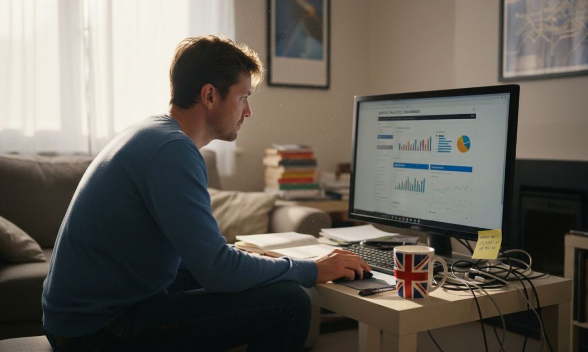 Man reviewing website analytics in cluttered UK home office