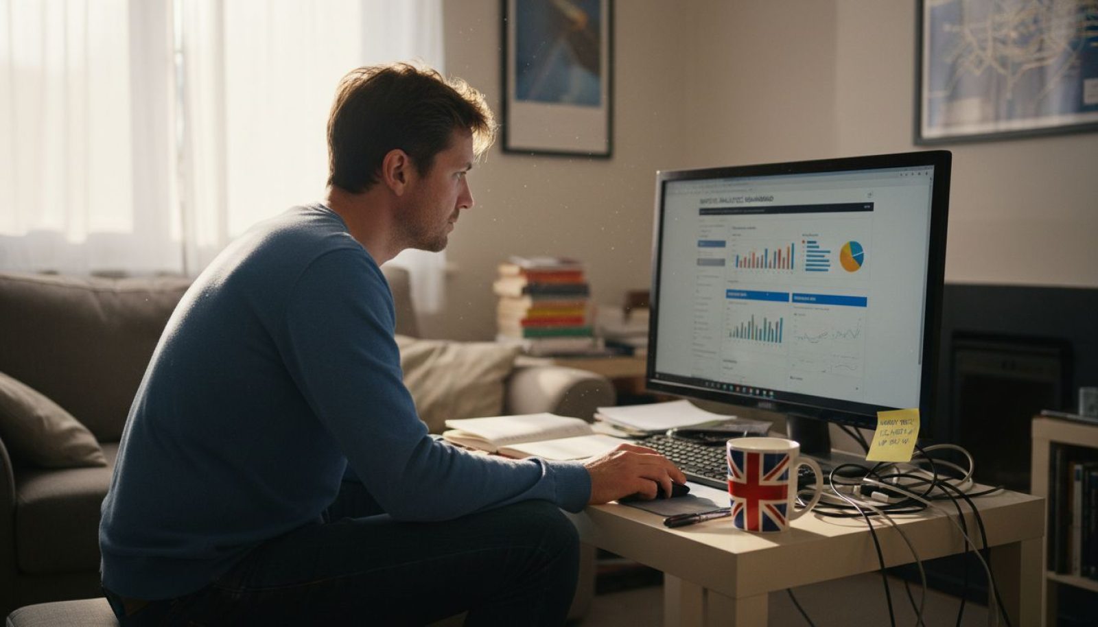 Man reviewing website analytics in cluttered UK home office