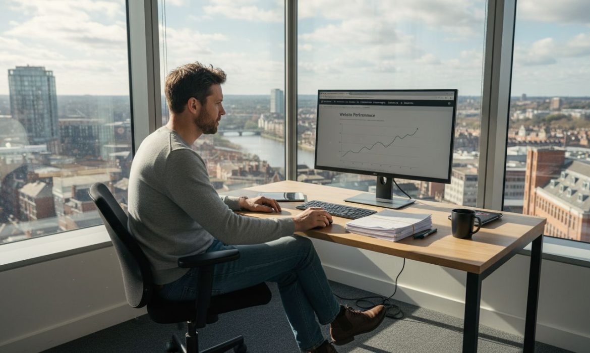 Business owner checks Google Analytics at bright desk