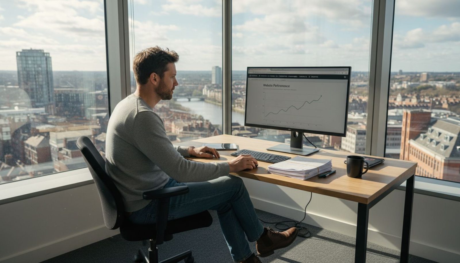 Business owner checks Google Analytics at bright desk