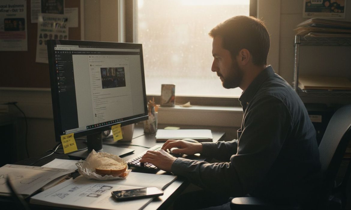 Web designer updating business website in shared UK office