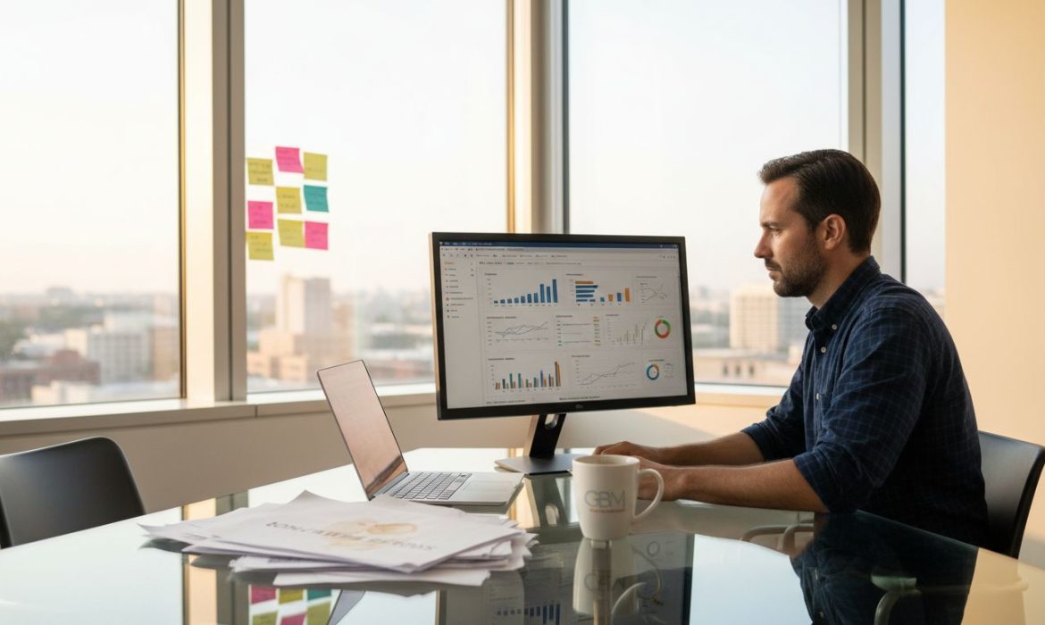 SEO marketer reviews dashboard in corner office