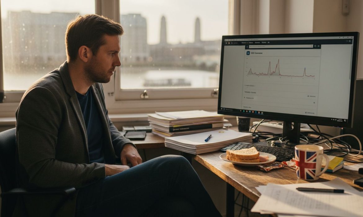 Business owner checking website SEO analytics