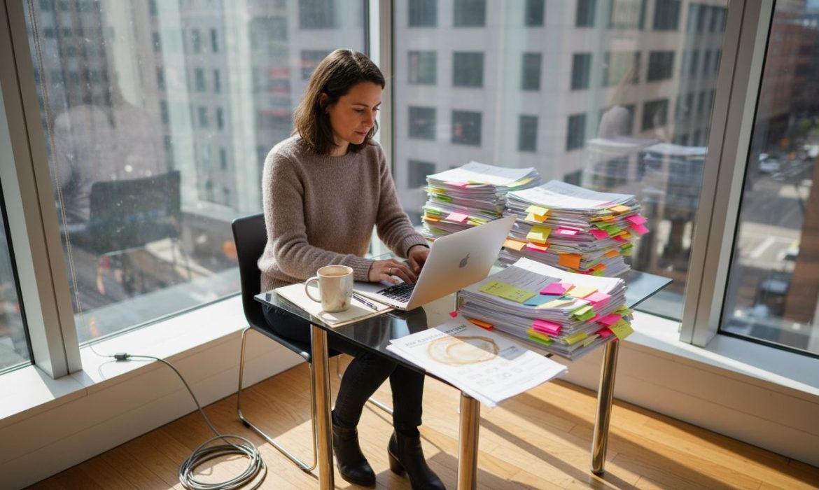 Copywriter typing with SEO notes and sunlight