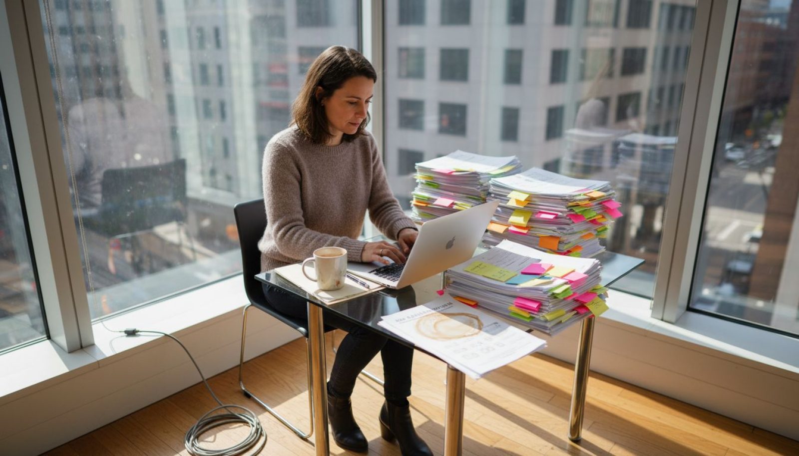 Copywriter typing with SEO notes and sunlight