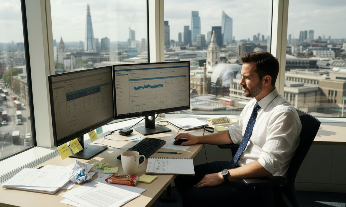 SEO consultant reviews analytics in London office