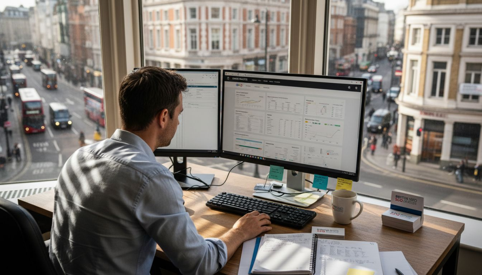 SEO specialist at dual monitors in UK office