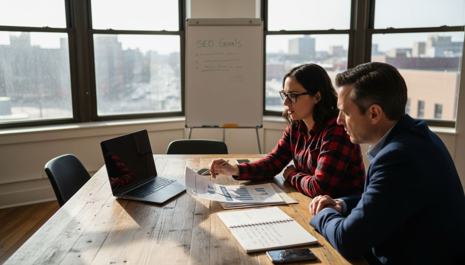 SEO freelancer and client discussing audit in office