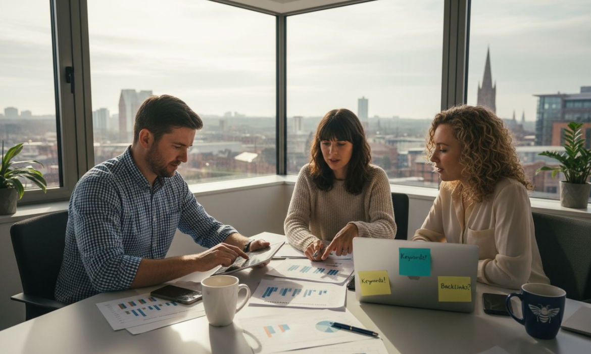 SEO team reviewing reports in UK office