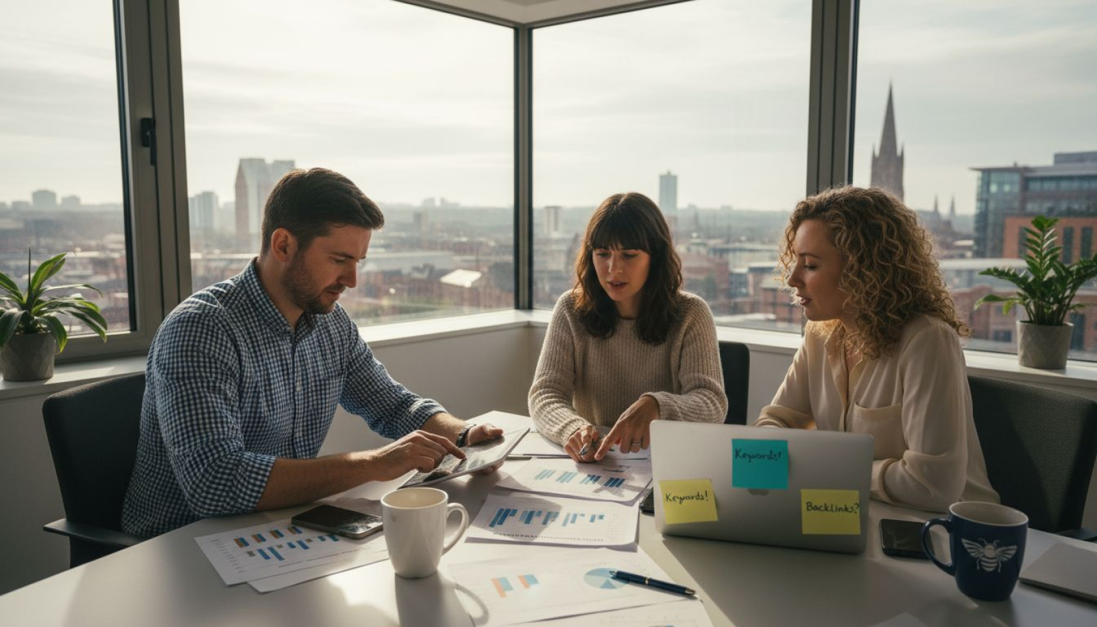 SEO team reviewing reports in UK office