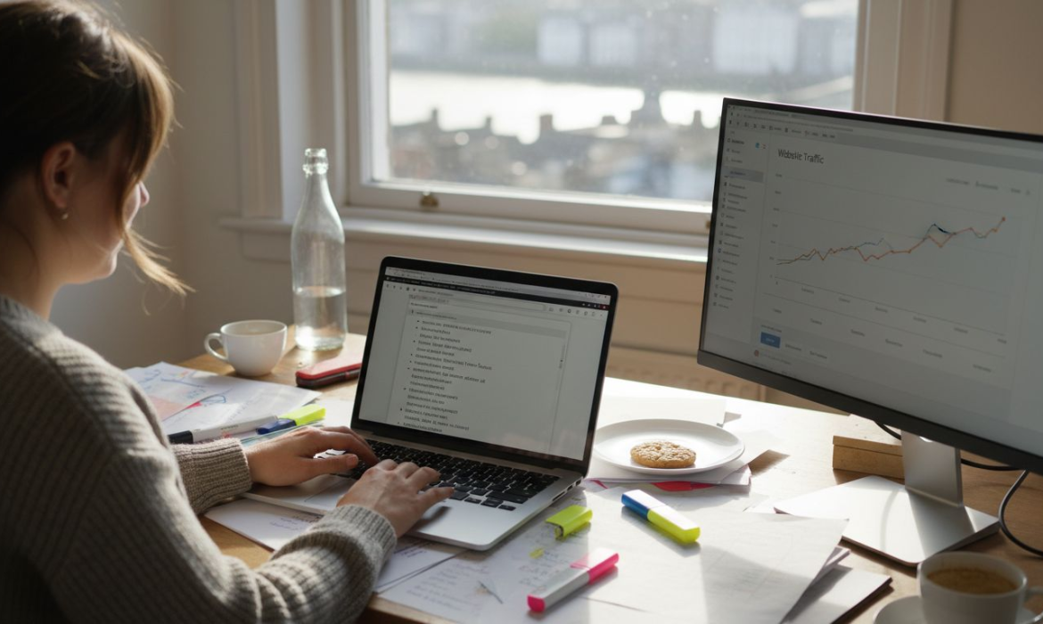 Woman researching SEO in city office