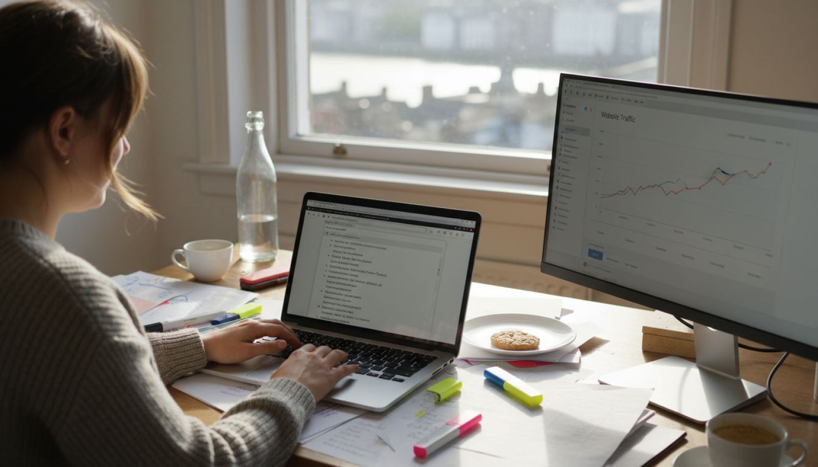 Woman researching SEO in city office