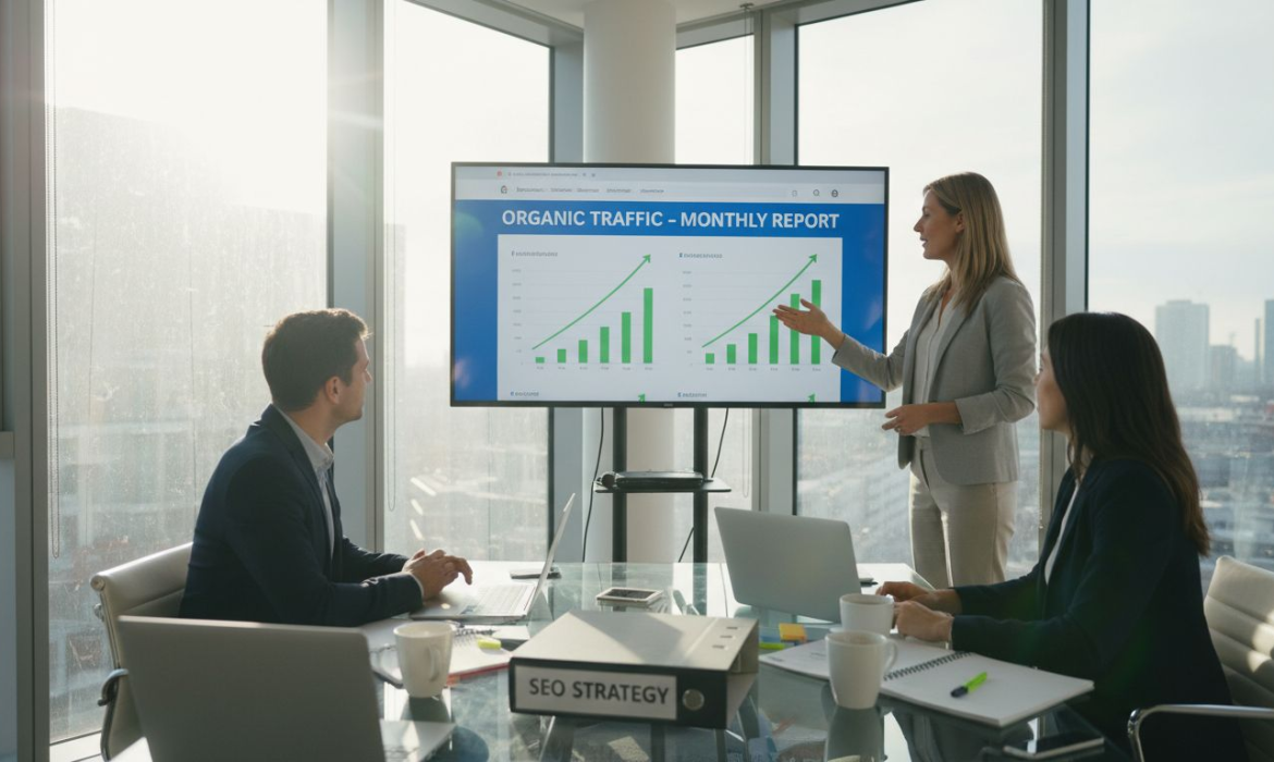 Digital marketing team reviewing SEO analytics