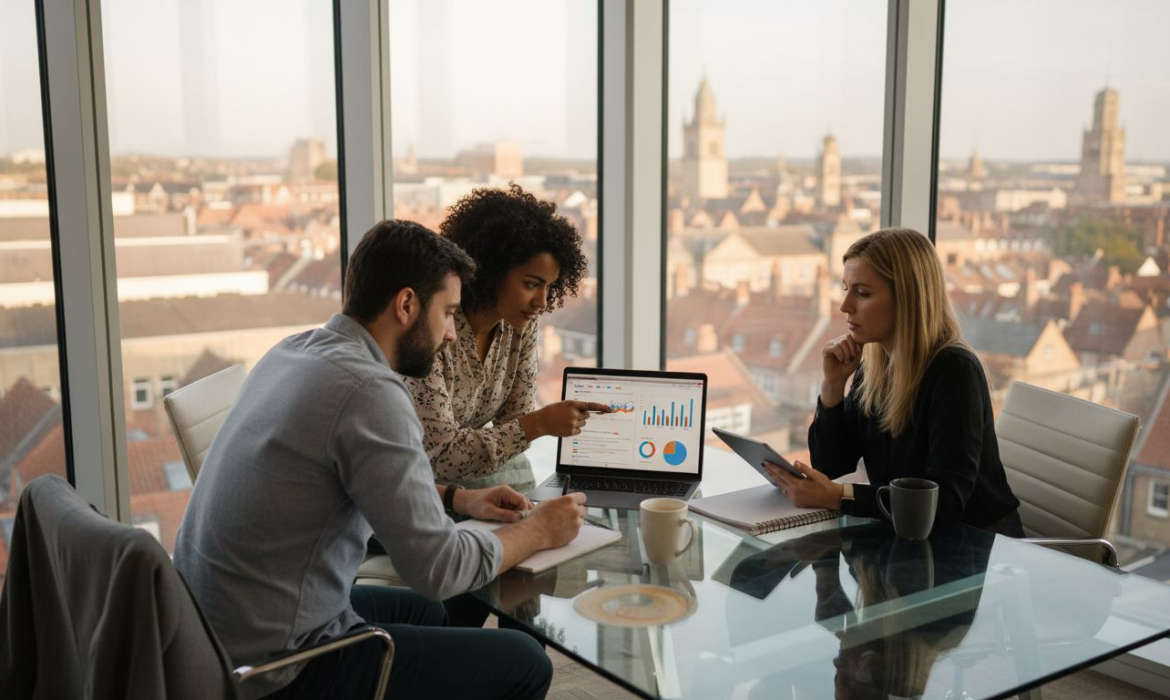 Marketing team in UK office reviewing SEO audit