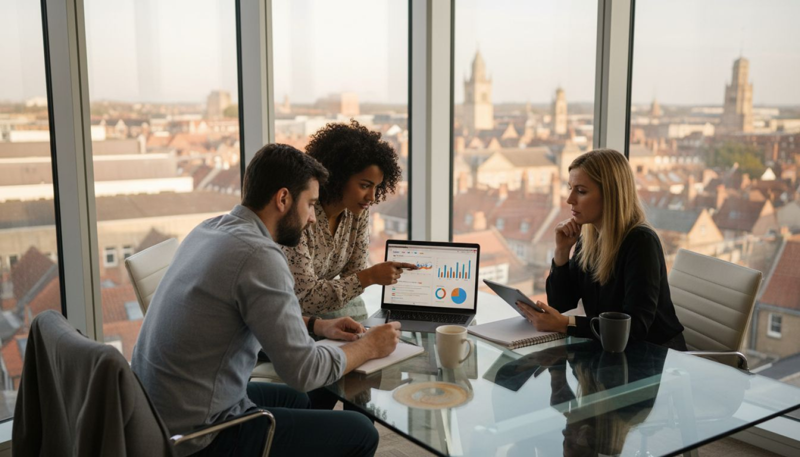 Marketing team in UK office reviewing SEO audit