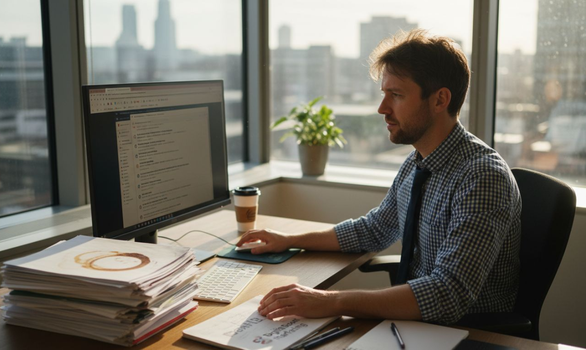 SEO manager reviewing links in office
