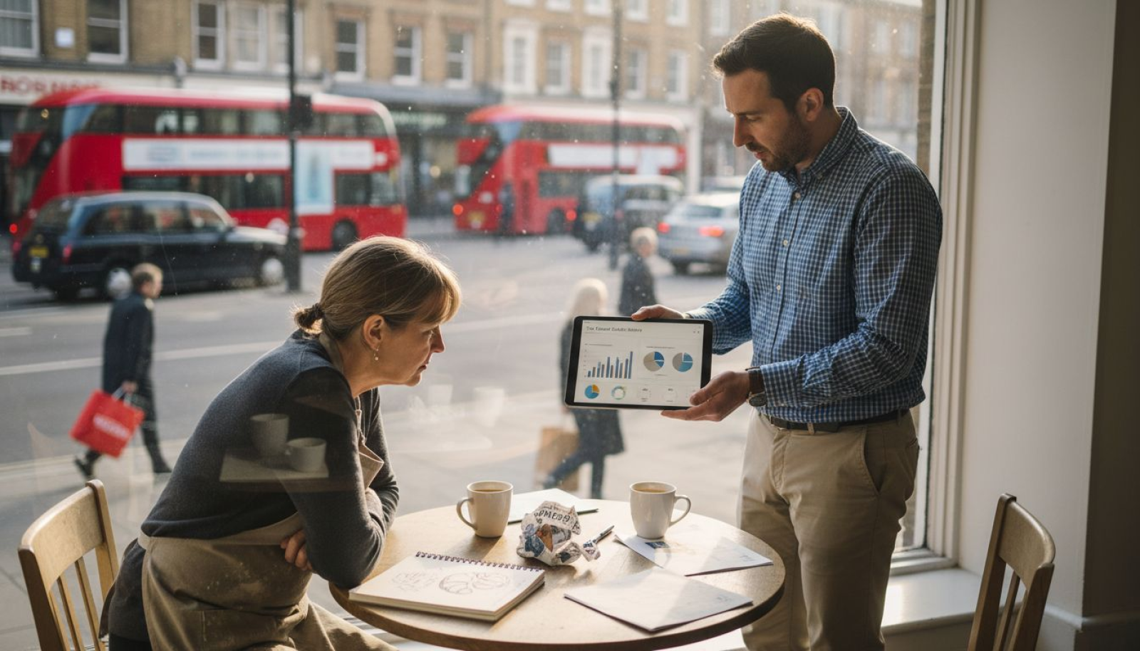 Consultant showing SEO analytics to small business owner