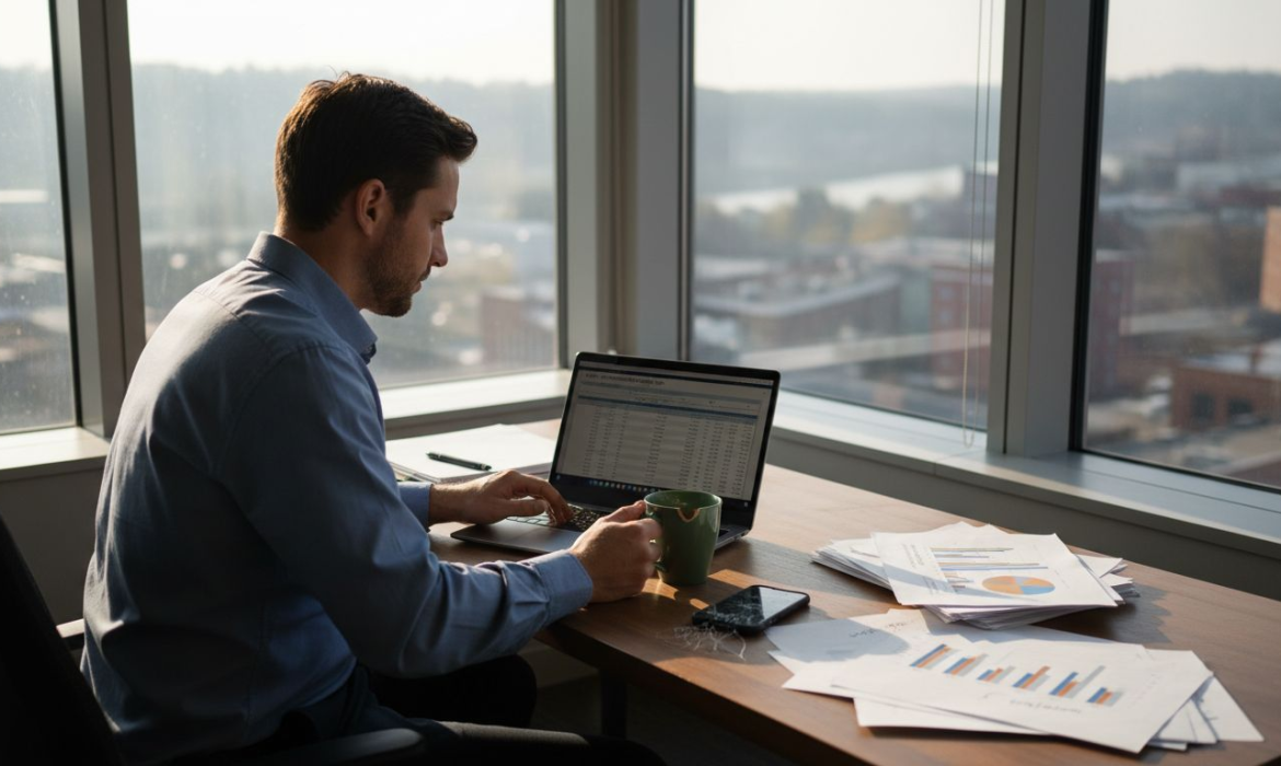 Man auditing online sales at cluttered desk