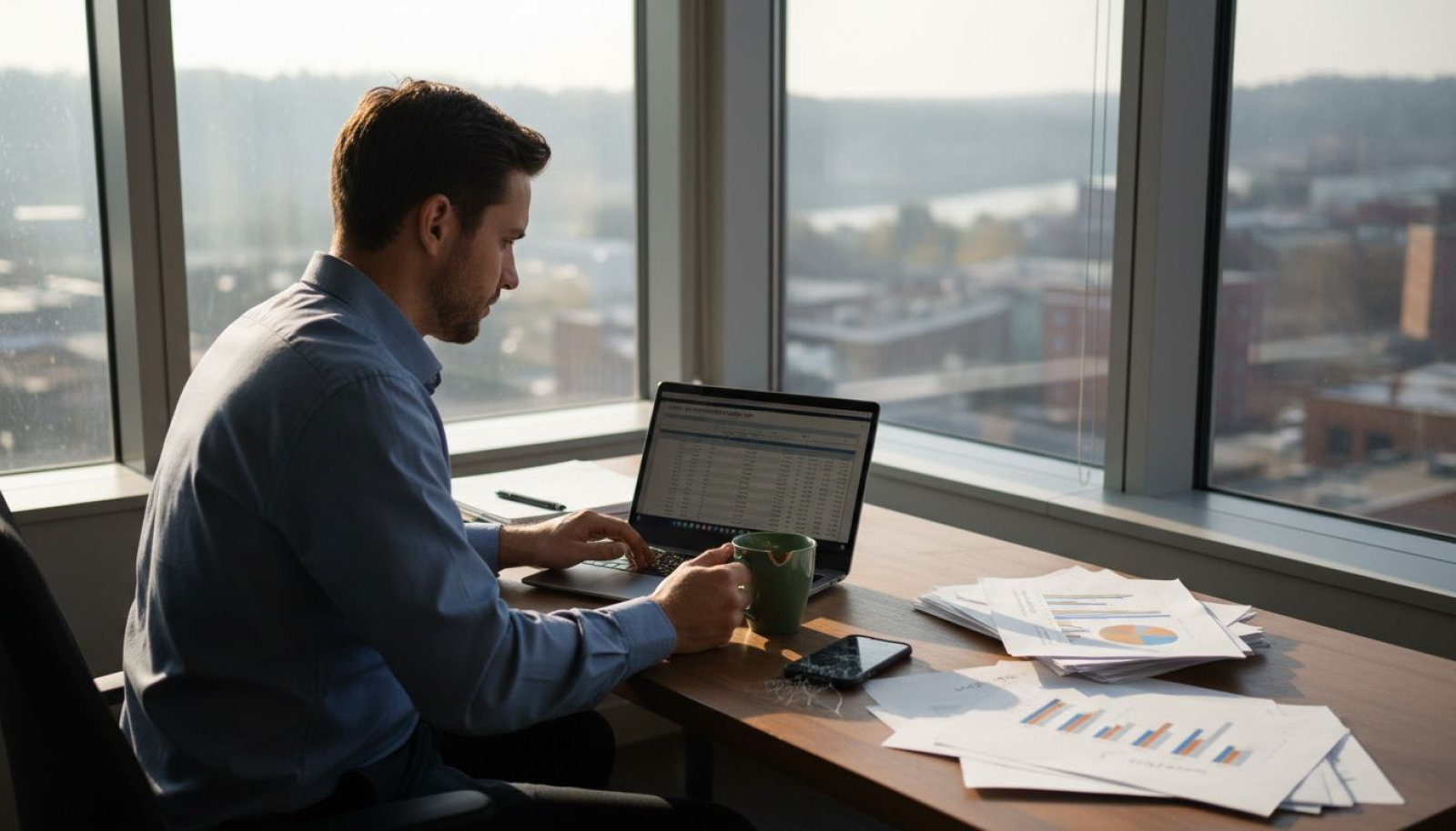 Man auditing online sales at cluttered desk