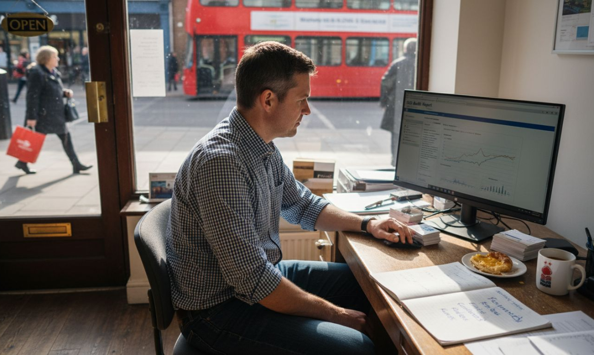 Business owner reviewing SEO audit results