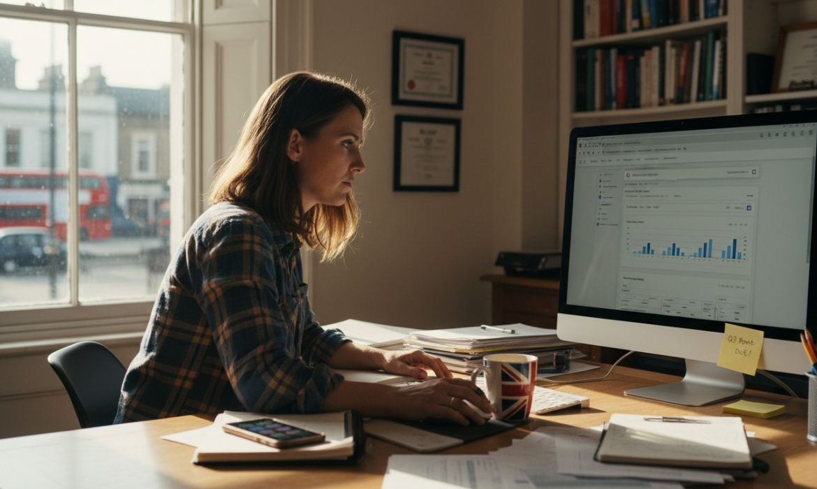 UK business owner checks website analytics on desktop