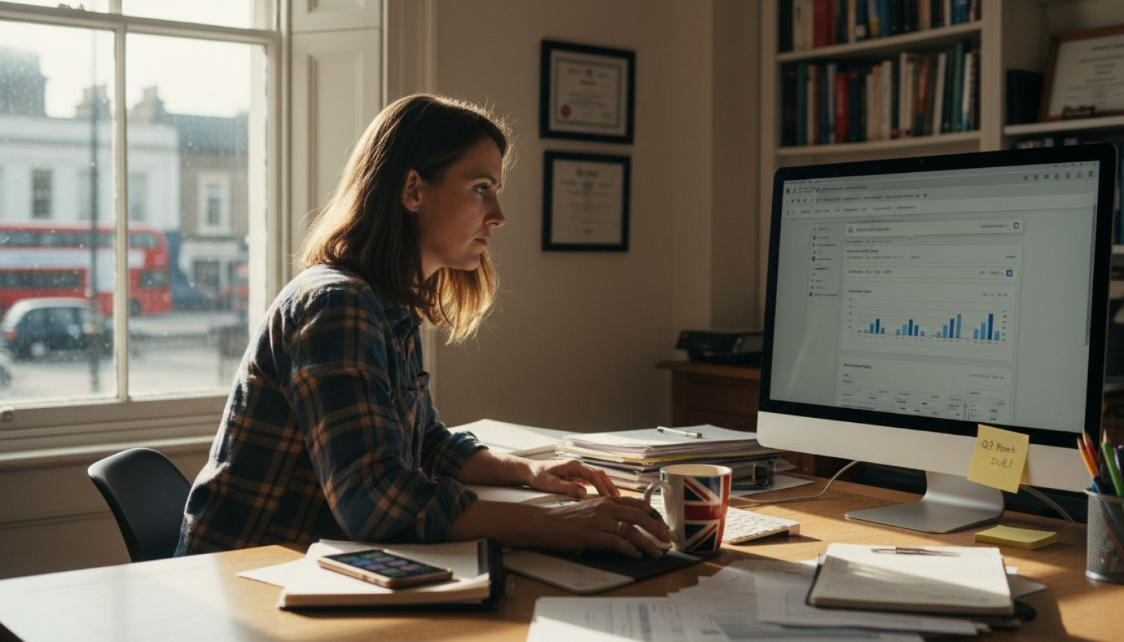 UK business owner checks website analytics on desktop