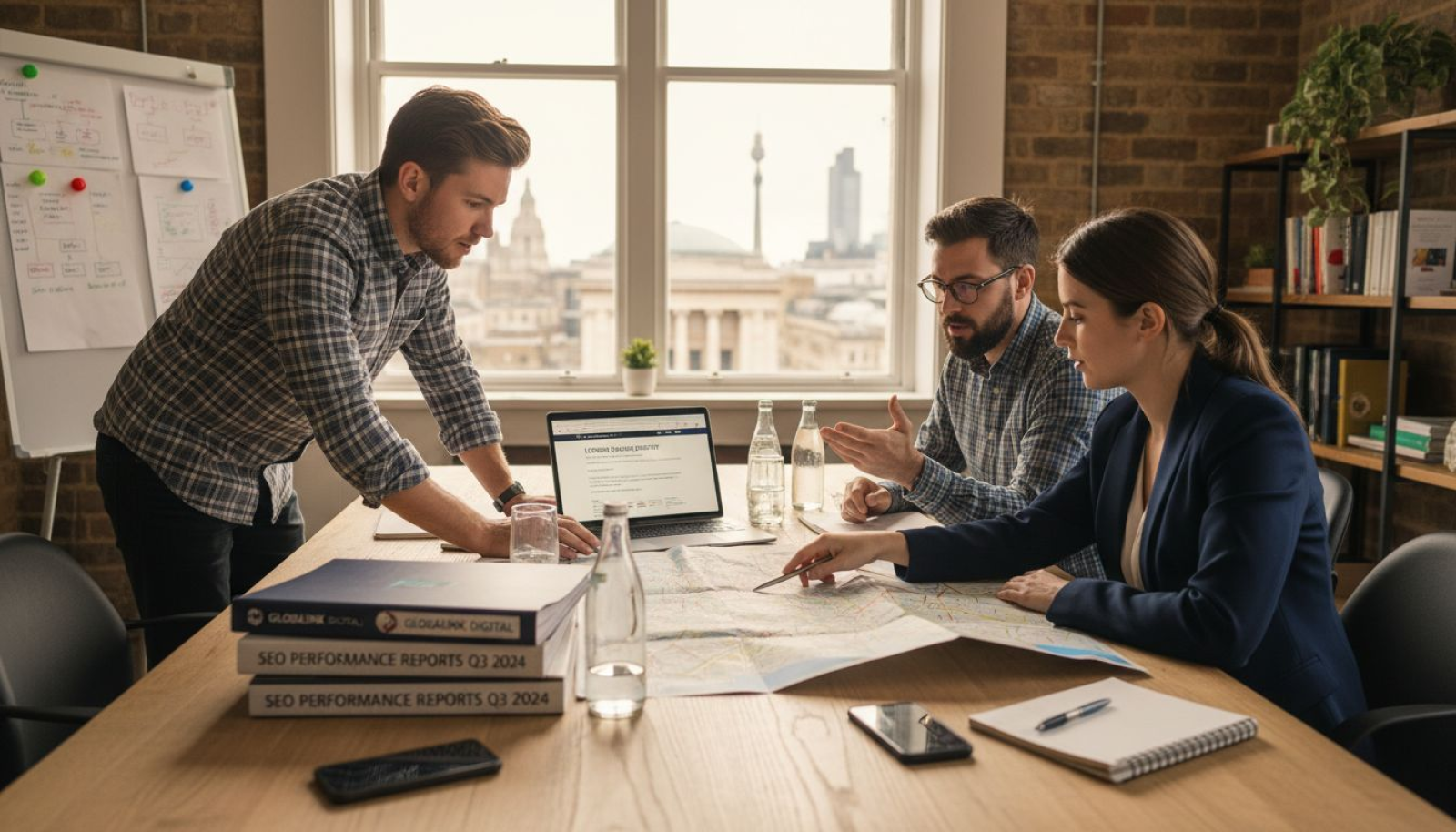 Team in UK office planning SEO strategy