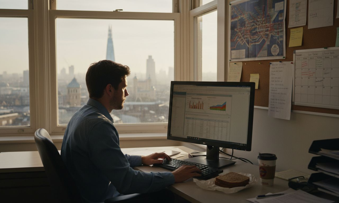 Digital marketer reviews SEM campaign in London office