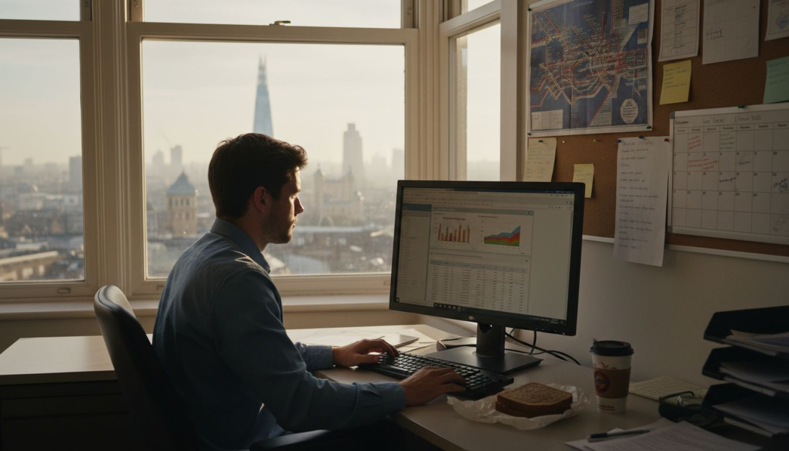 Digital marketer reviews SEM campaign in London office