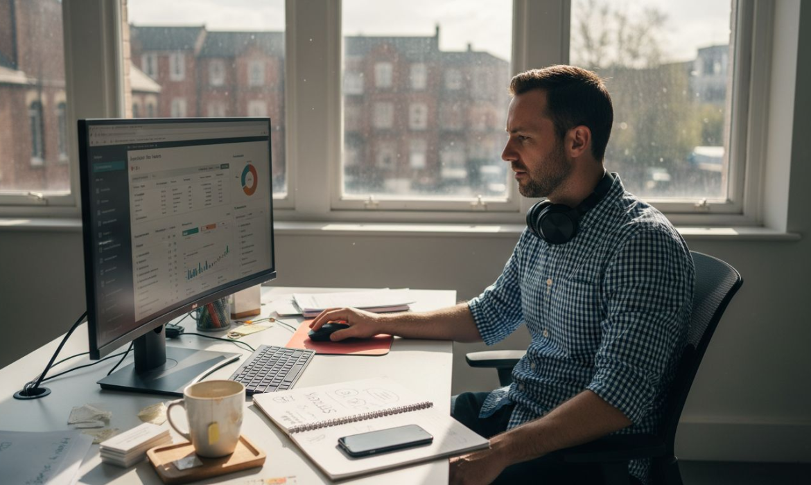 SEO consultant reviewing analytics at office desk