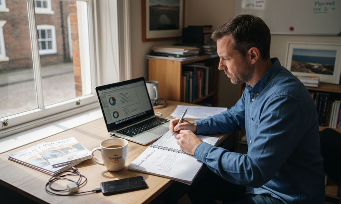 Business owner reviewing SEO audit at desk