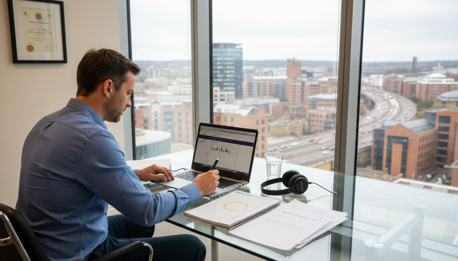 SEO expert analyzing backlinks in corner office