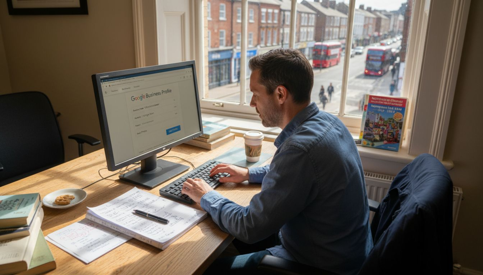 Business owner at desk updating online profile