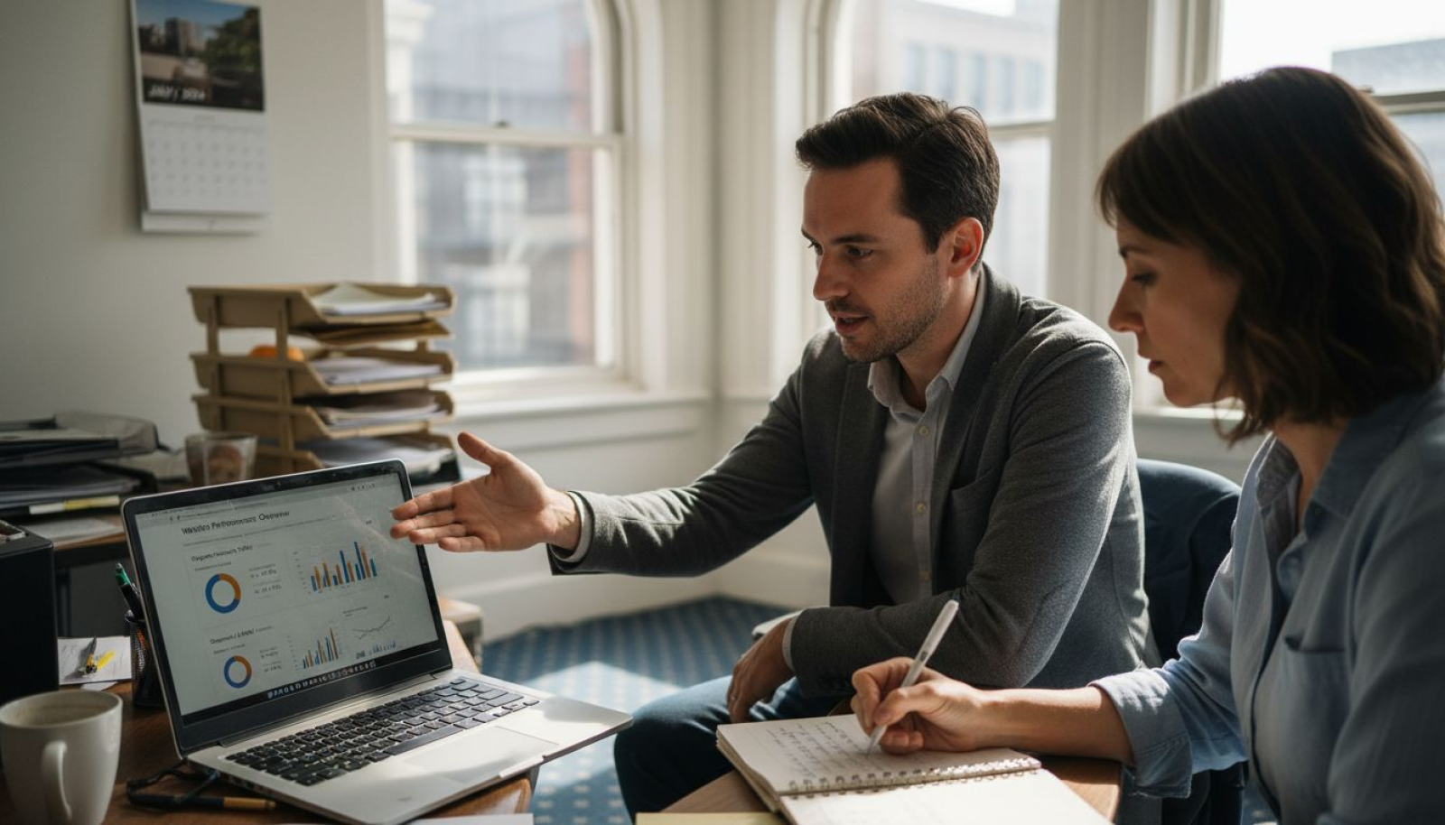 SEO consultant meeting client reviewing analytics