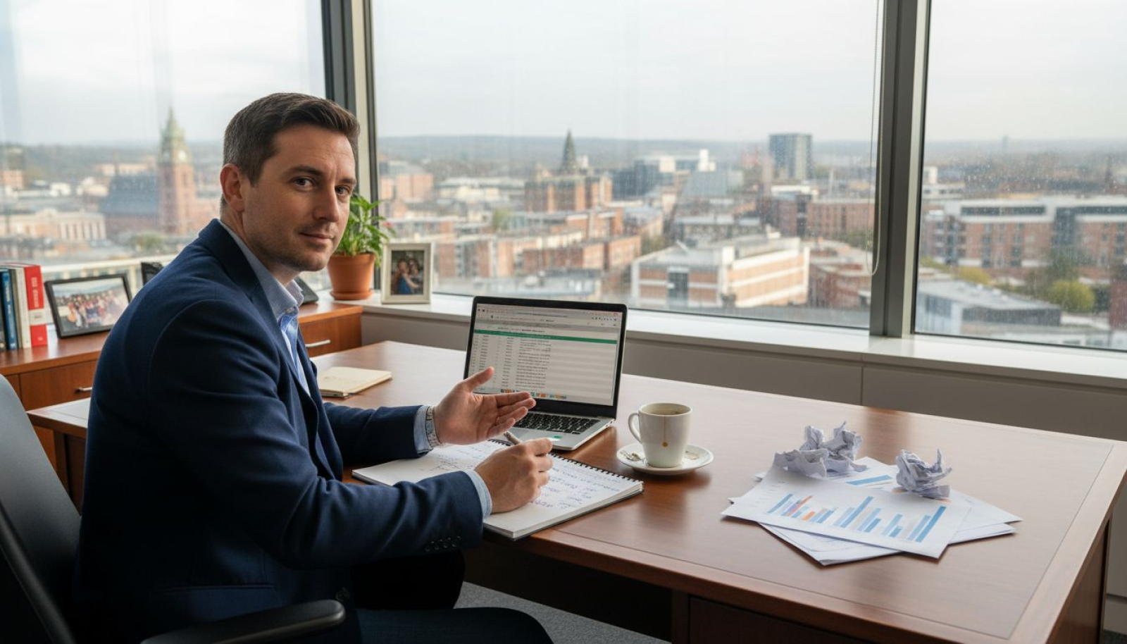 Man working on SEO strategy in UK city office