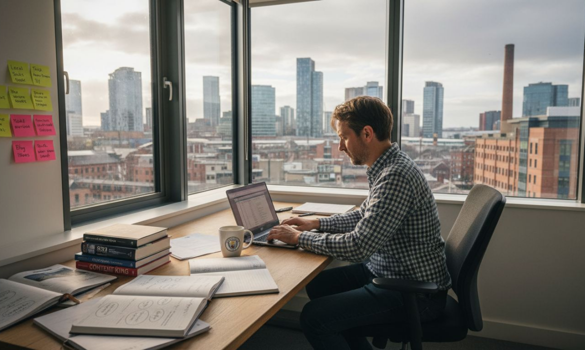 SEO consultant in Manchester office with laptop