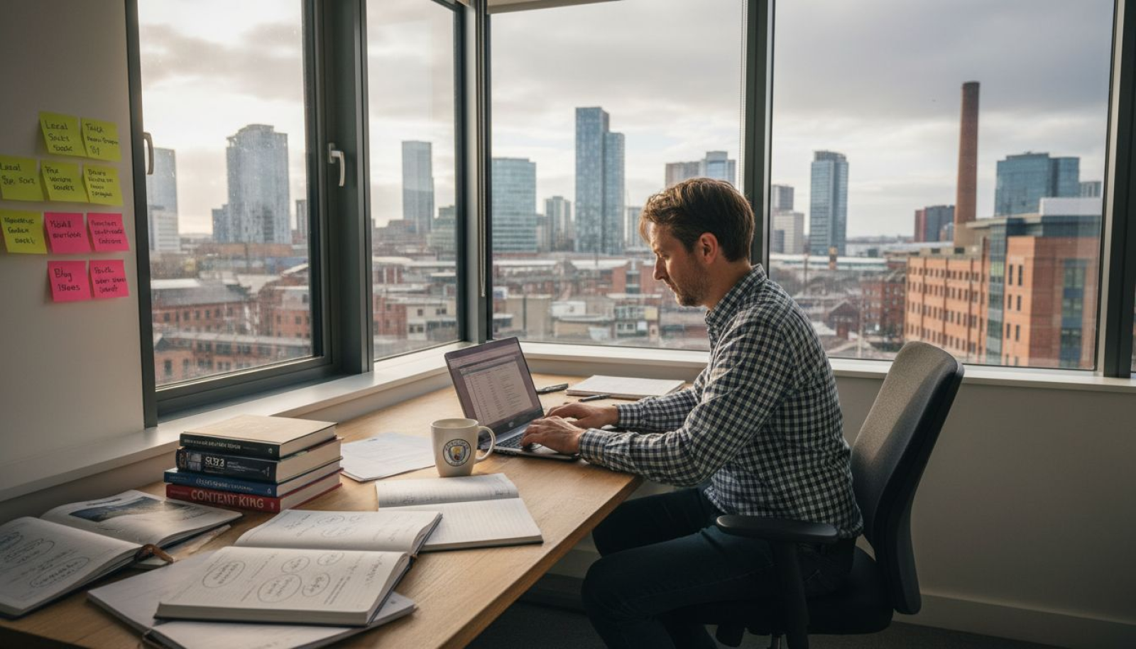 SEO consultant in Manchester office with laptop