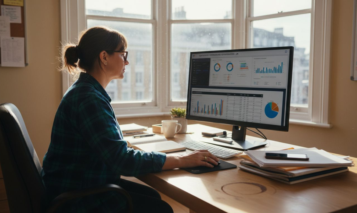 Marketer reviewing SEO dashboard in bright office