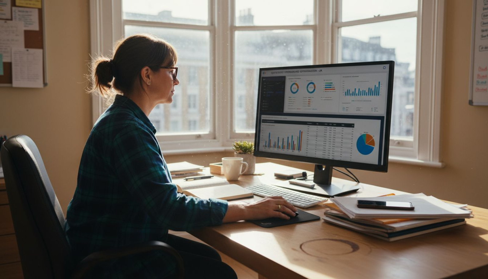 Marketer reviewing SEO dashboard in bright office