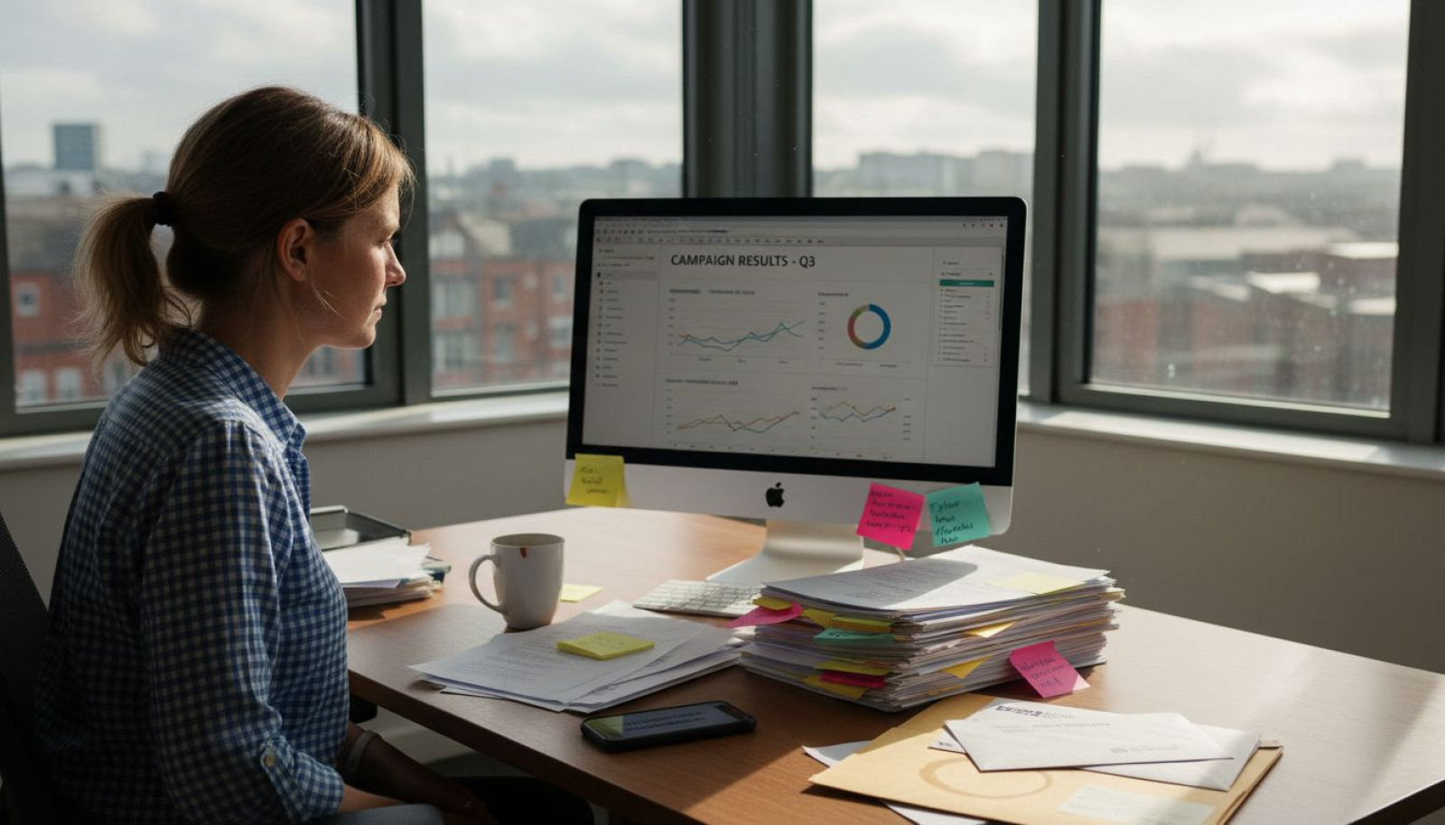 Brand manager reviews campaign in sunlit office