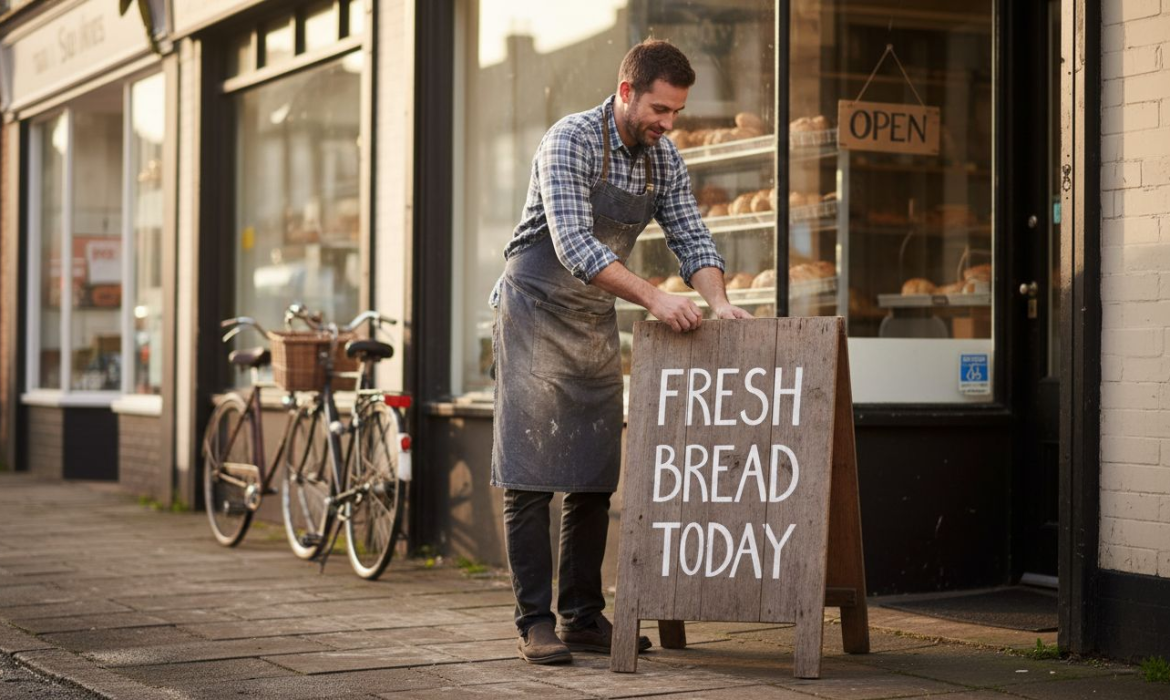 Shop owner setting up outside local bakery
