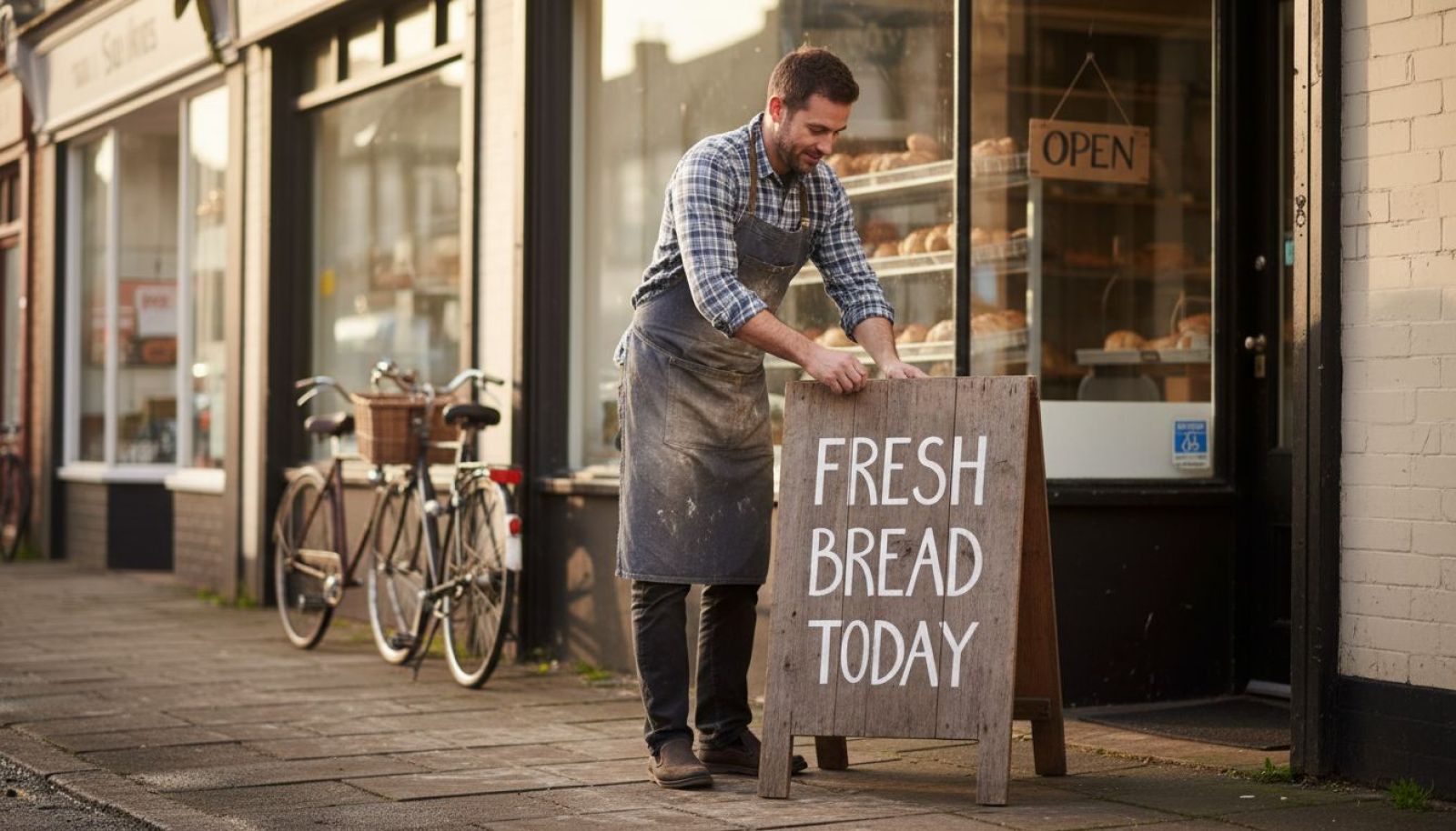 Shop owner setting up outside local bakery